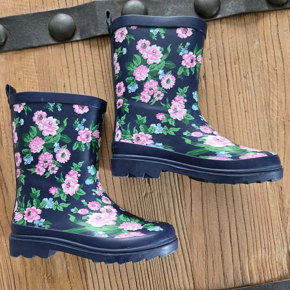Janie and Jack Floral Navy Blue Rain Boots sz 12